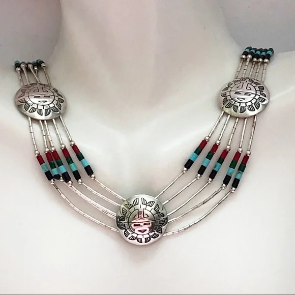 Vintage Native American Sterling Silver Gem Bead Kachina Medallion Necklace